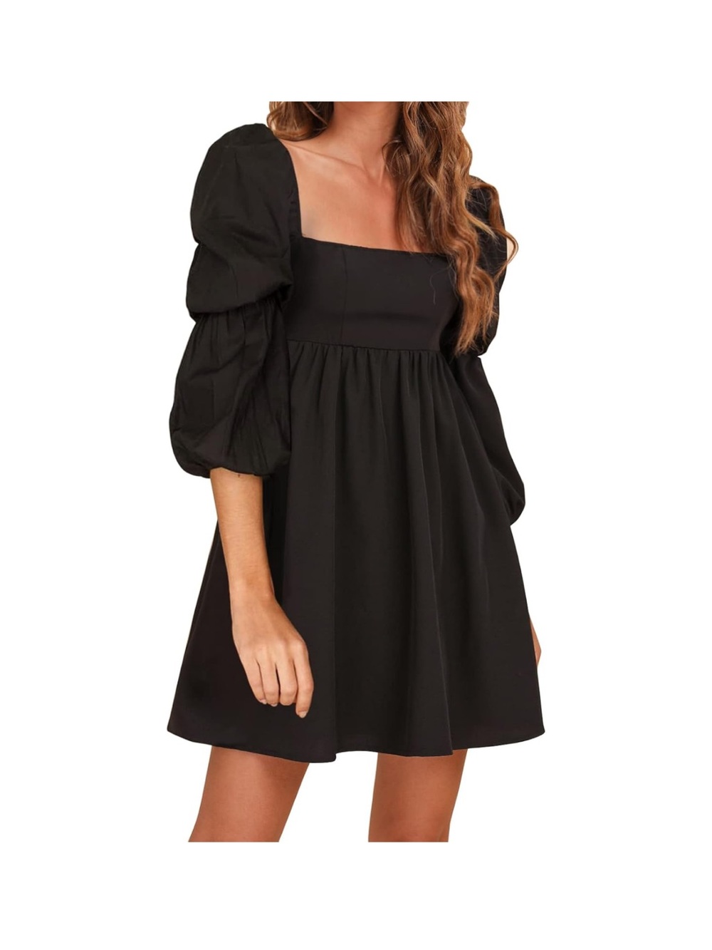 Black Square Neck Puff Sleeve Mini Dress
